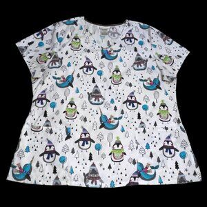 Scrub Top Holiday Christmas Winter Wonderland Penguins Narwhal Penguin Size XL